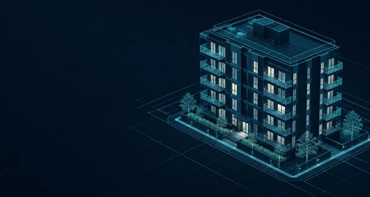Architectural visualisation of a block of flats in cyan light